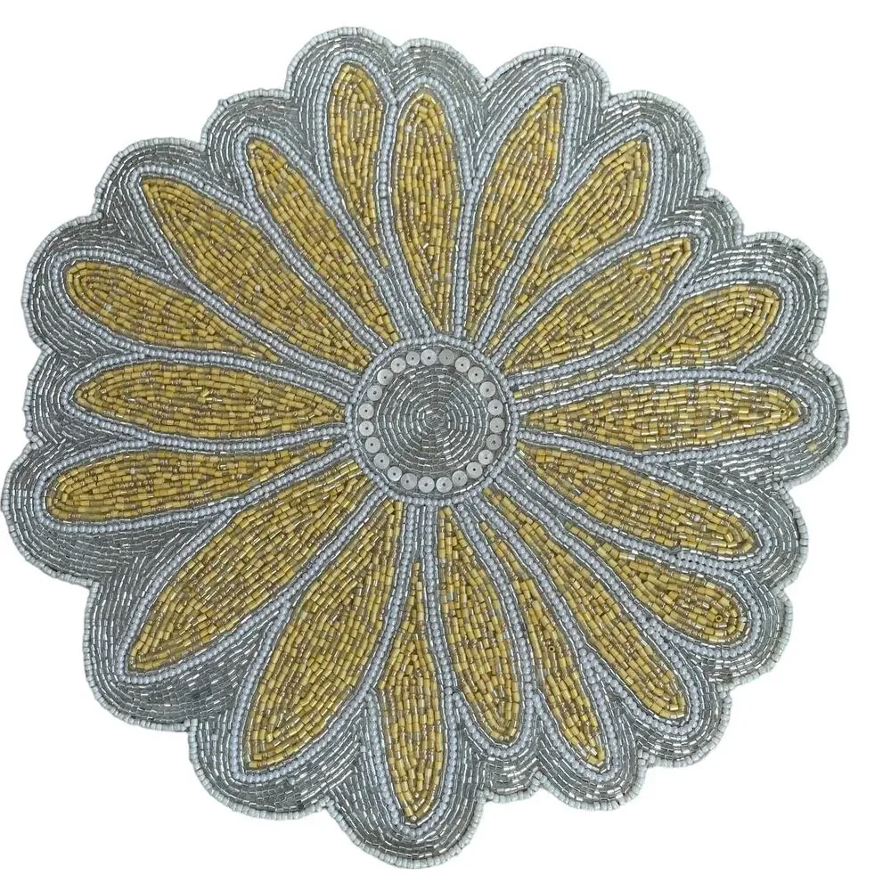 TAHARI HOME Glass Hand Beaded Charger Placemat Summer Yellow & White Floral NEW